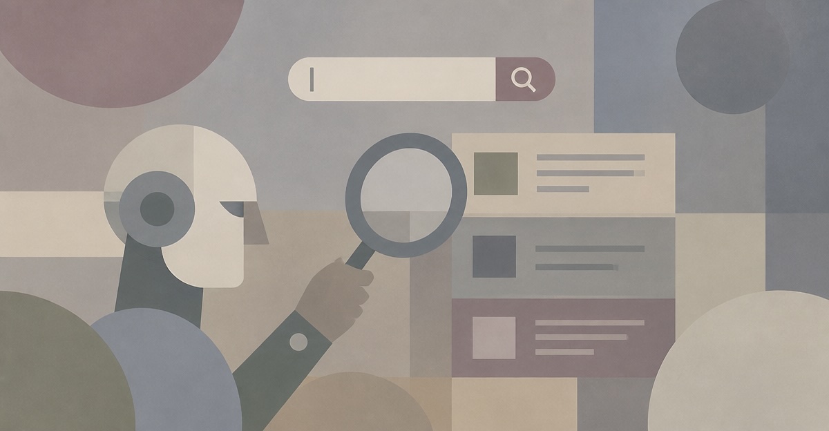 GEO vs SEO illustration: a figure examines an AI search results page with a magnifying glass